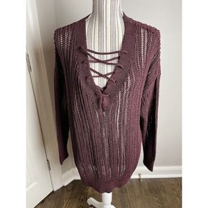 Michael Stars SZ MEDIUM Burgundy Pullover Lightweight Sweater Breathable v-neck